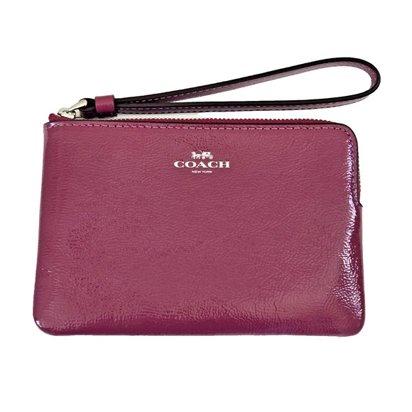 Coach Corner Zip Wristlet Pink Purple Crinkle Patent Leather Clutch Wallet NEW - Picture 1 of 12